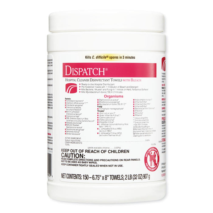 Dispatch Cleaner Disinfectant Towels, 6 3/4 x 8, 150/Can, 8 Canisters/Carton