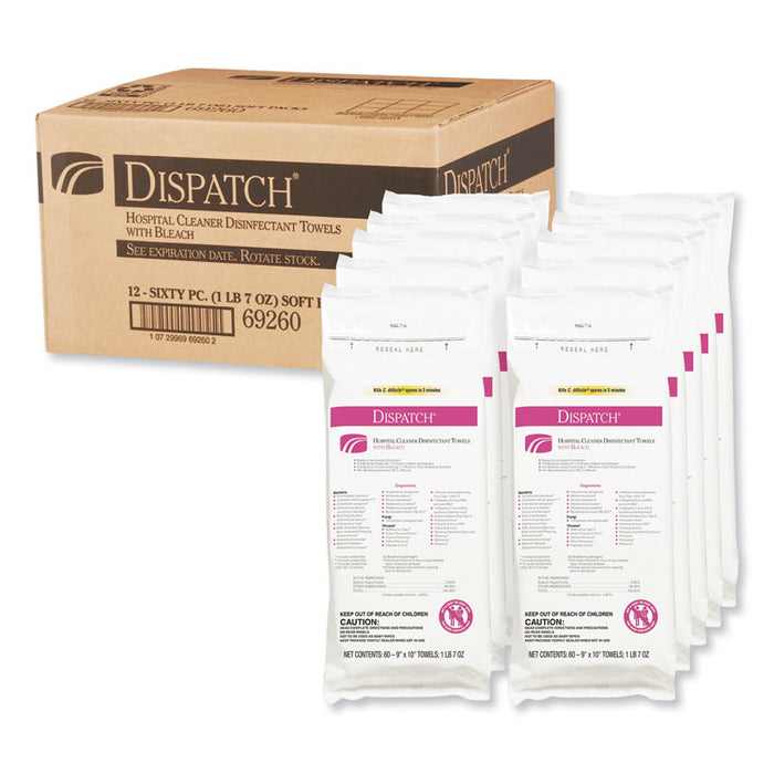 Dispatch Cleaner Disinfectant Towels with Bleach, 9 x 10, 60/Pack, 12 Pks/Carton