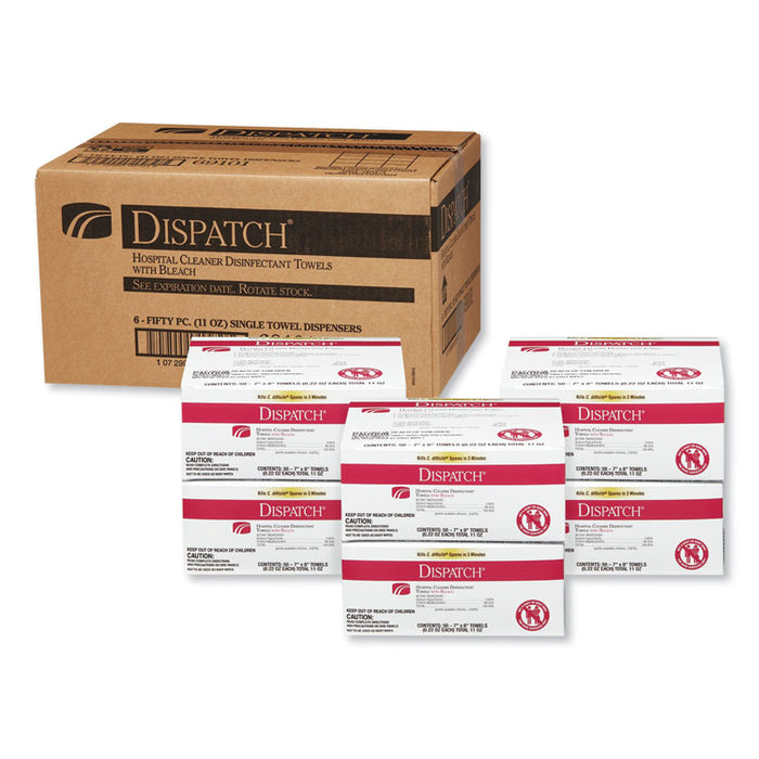 Dispatch Cleaner Disinfectant Towels with Bleach, 7 x 8, 50/Box, 6 Boxes/Carton