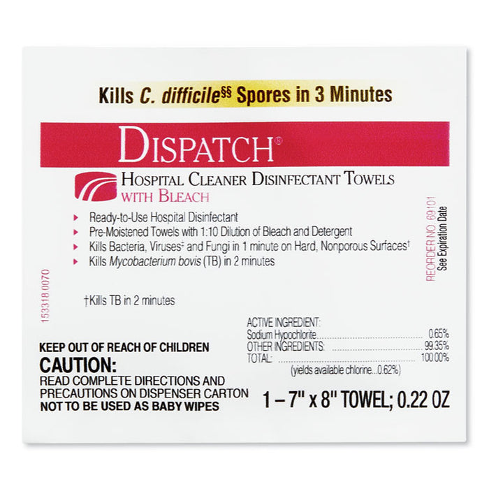 Dispatch Cleaner Disinfectant Towels with Bleach, 7 x 8, 50/Box, 6 Boxes/Carton
