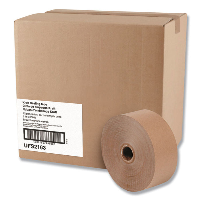 Gummed Kraft Sealing Tape, 3" Core, 2" x 600 ft, Brown, 12/Carton