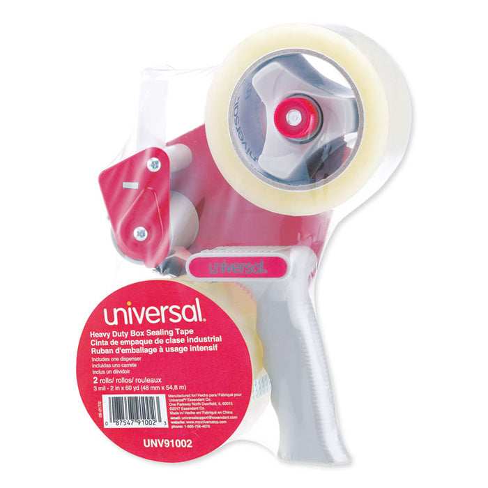 Heavy-Duty Box Sealing Tape with Pistol Grip Dispenser, 3" Core, 1.88" x 60 yds, Clear, 1 Dispenser and 2 Tape Rolls/Pack