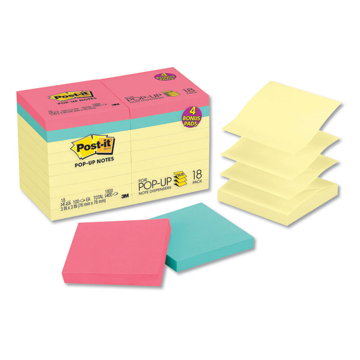 Original Pop-up Notes Value Pack, 3 x 3, (14) Canary Yellow, (4) Poptimistic Collection Colors, 100 Sheets/Pad, 18 Pads/Pack