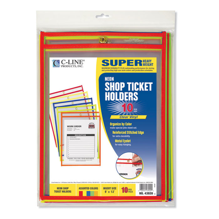 Stitched Shop Ticket Holders, Neon, Assorted 5 Colors, 75", 9 x 12, 10/Pack