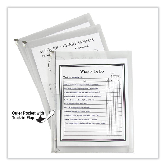 Zip 'N Go Reusable Envelope with Outer Pocket, 1" Capacity, 2 Sections, 10 x 13, Clear, 3/Pack