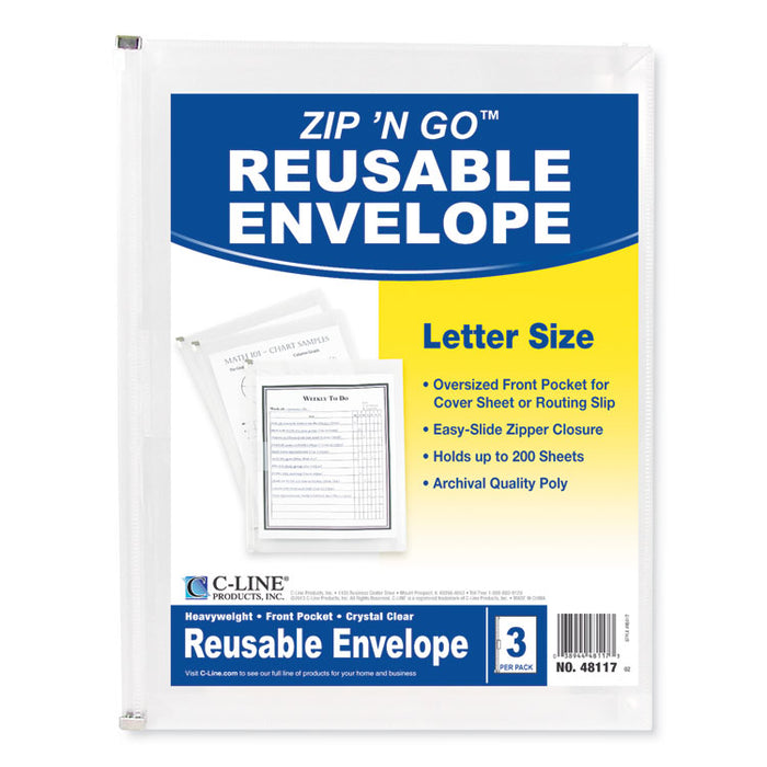 Zip 'N Go Reusable Envelope with Outer Pocket, 1" Capacity, 2 Sections, 10 x 13, Clear, 3/Pack