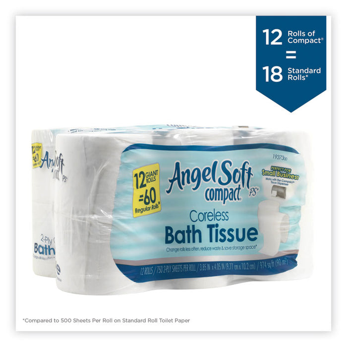 Angel Soft ps Compact Coreless Bath Tissue, Septic Safe, 2-Ply, White, 750 Sheets/Roll, 12 Rolls/Carton