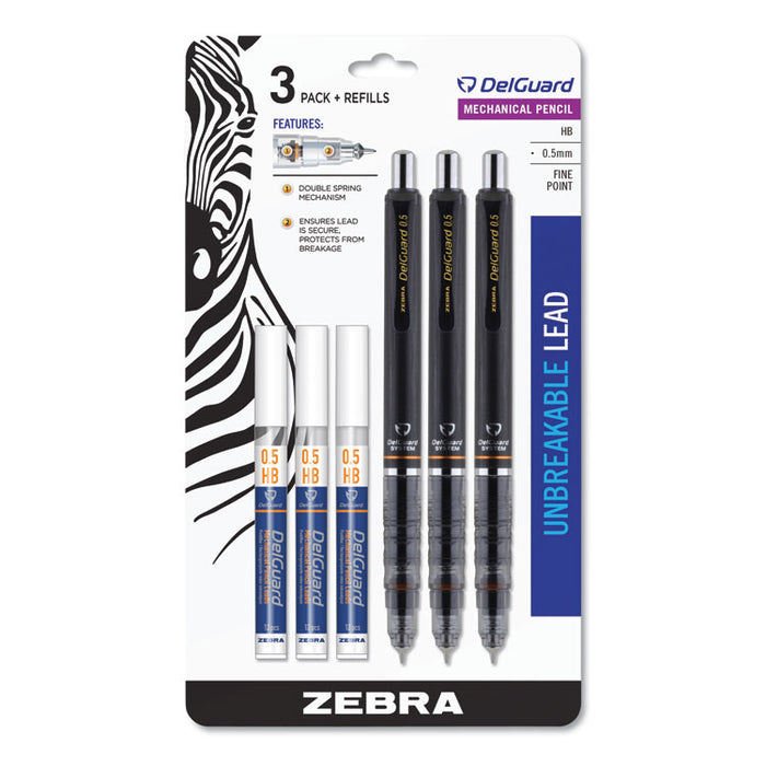 Delguard Mechanical Pencil, 0.5 mm, HB (#2.5), Black Lead, Black Barrel, 3/Pack