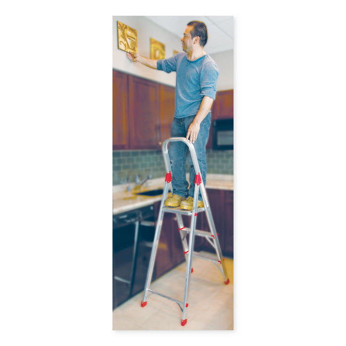 Aluminum Euro Platform Ladder, 8 ft Working Height, 200 lbs Capacity, 3 Step, Aluminum/Red
