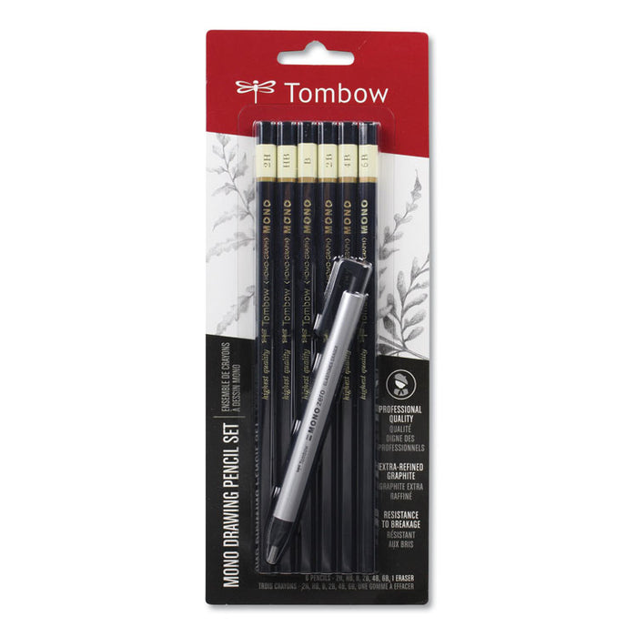 Drawing Pencil Set with Eraser, 2 mm, Assorted Lead Hardness Ratings, Black Lead, Black Barrel, 6/Pack