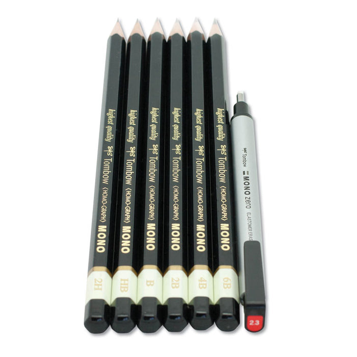 Drawing Pencil Set with Eraser, 2 mm, Assorted Lead Hardness Ratings, Black Lead, Black Barrel, 6/Pack