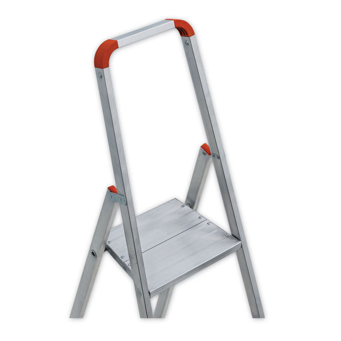 Aluminum Euro Platform Ladder, 8 ft Working Height, 200 lbs Capacity, 4 Step, Aluminum/Red