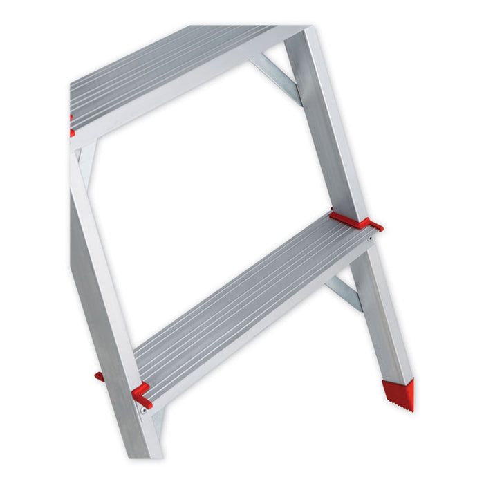 Aluminum Euro Platform Ladder, 8 ft Working Height, 200 lbs Capacity, 4 Step, Aluminum/Red