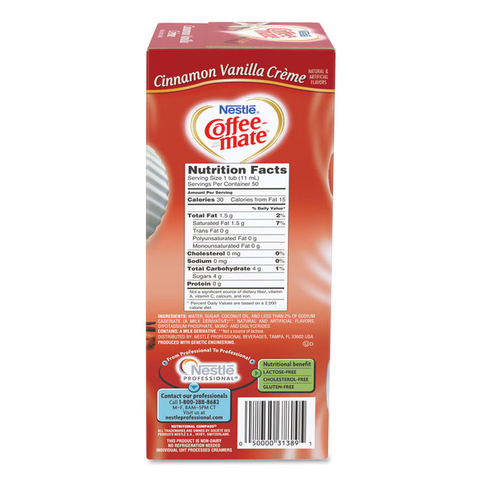Liquid Coffee Creamer, Cinnamon Vanilla, 0.38 oz Mini Cups, 50/Box, 4 Boxes/Carton, 200 Total/Carton