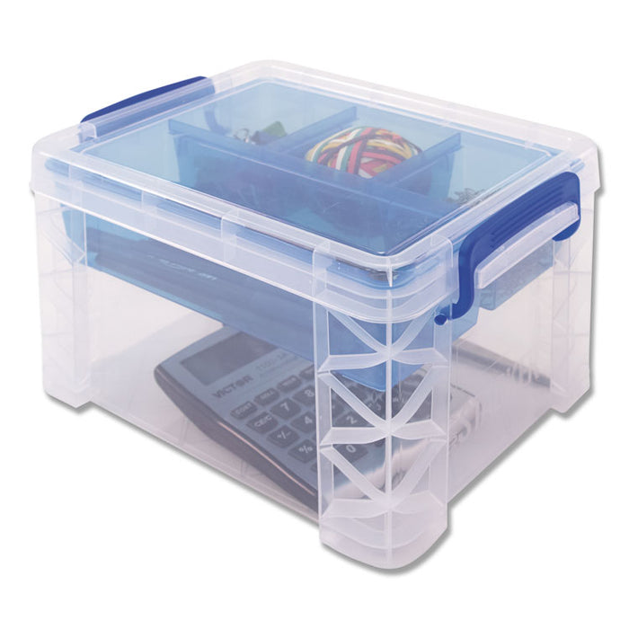 Super Stacker Divided Storage Box, Clear w/Blue Tray/Handles, 7 1/2 x 10.12x6.5