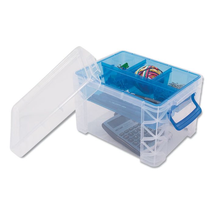Super Stacker Divided Storage Box, Clear w/Blue Tray/Handles, 7 1/2 x 10.12x6.5