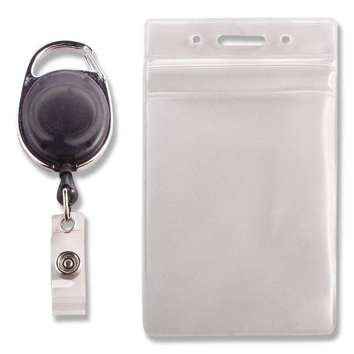 Resealable ID Badge Holders with 30" Cord Reel, Vertical, Frosted 3.68" x 5" Holder, 2.5" x 4" Insert, 10/Pack