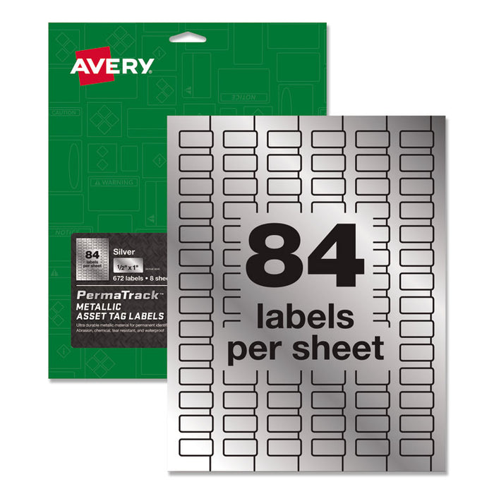 PermaTrack Metallic Asset Tag Labels, Laser Printers, 0.5 x 1, Silver, 84/Sheet, 8 Sheets/Pack
