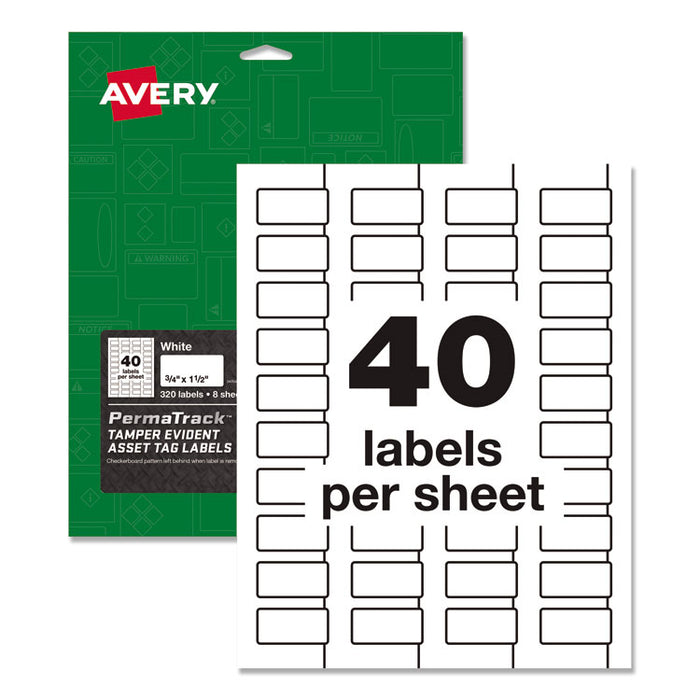 PermaTrack Tamper-Evident Asset Tag Labels, Laser Printers, 0.75 x 1.5, White, 40/Sheet, 8 Sheets/Pack