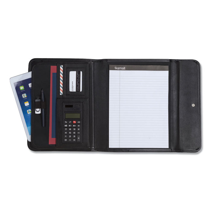 Professional Tri-Fold Padfolio w/Calculator, Writing Pad, Vinyl, Black