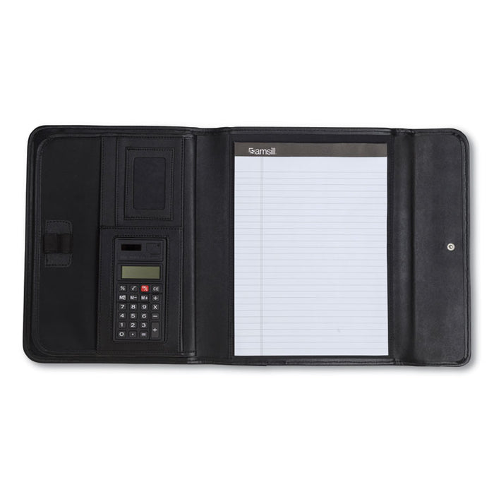 Professional Tri-Fold Padfolio w/Calculator, Writing Pad, Vinyl, Black