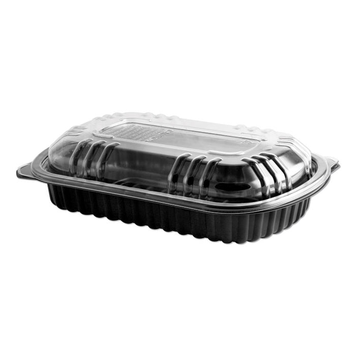 MicroRaves Rib Container with Vented Anti-Fog Lids, Half Slab, 22 oz, 10.2 x 6.76 x 2.45, Black/Clear, Plastic, 150/Carton