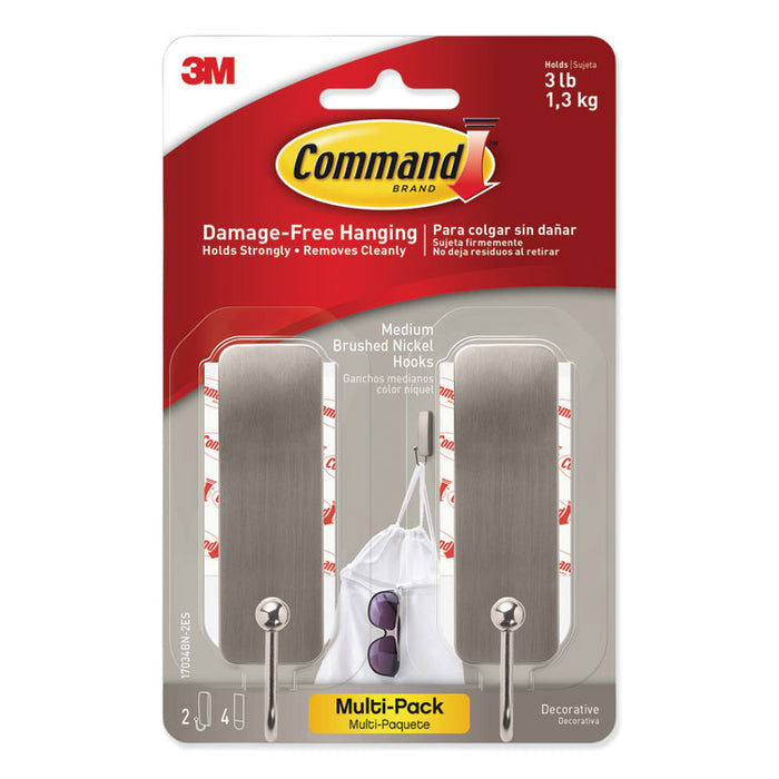 Decorative Hooks, Medium, Brushed Nickel, 2 Hook and 4 Strips/Pack