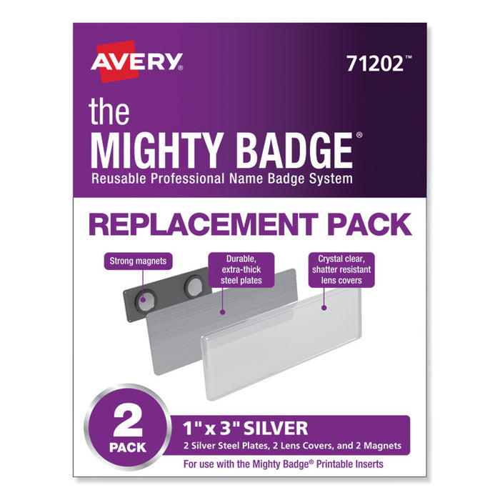The Mighty Badge Name Badge Holders, Horizontal, 3 x 1, Silver, 2/Pack