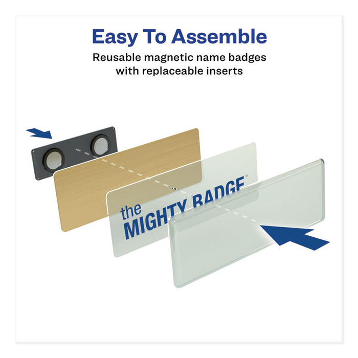 The Mighty Badge Name Badge Holder Kit, Horizontal, 3 x 1, Laser, Gold, 10 Holders/ 80 Inserts