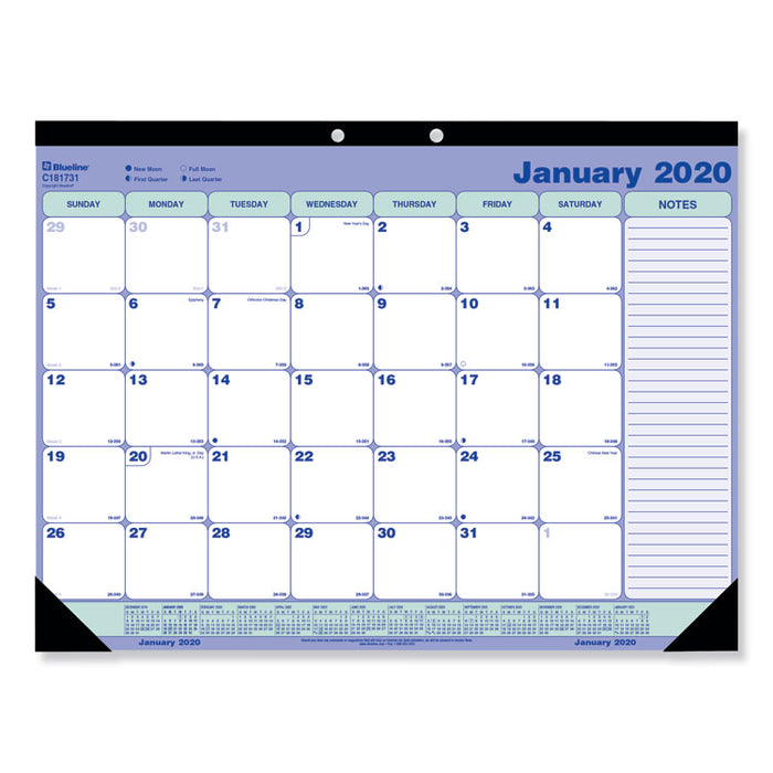 Monthly Desk Pad Calendar, 21.25 x 16, White/Blue/Green Sheets, Black Binding, Black Corners, 12-Month (Jan to Dec): 2023