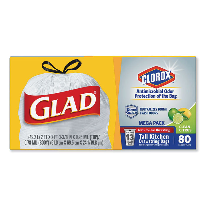 OdorShield Tall Kitchen Drawstring Bags, 13 gal, 0.95 mil, 24" x 27.38", White, 240/Carton