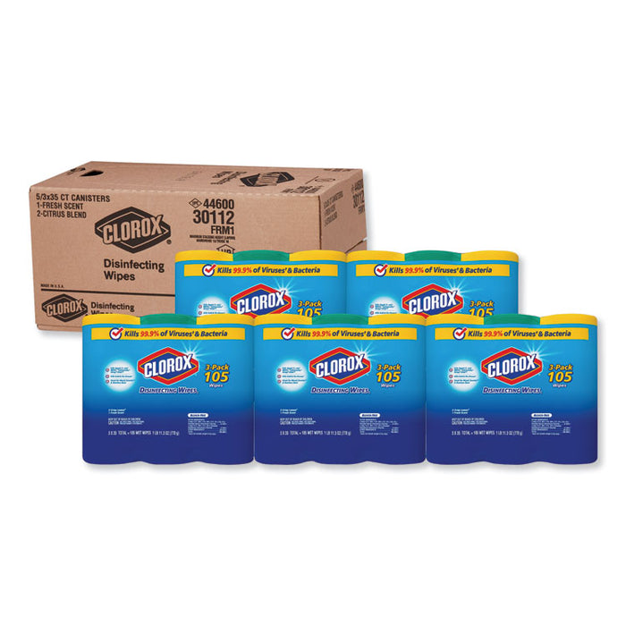 Disinfecting Wipes, 7x8, Fresh Scent/Citrus Blend, 35/Canister, 3/PK, 5 Packs/CT