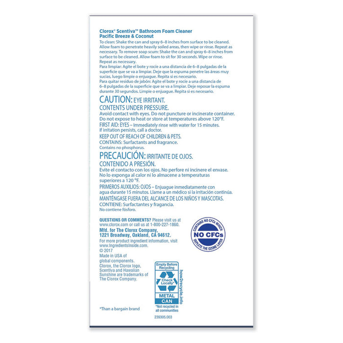 Scentiva Bathroom Foam Cleaner, Pacific Breeze & Coconut, 20 oz Aerosol, 6/CT