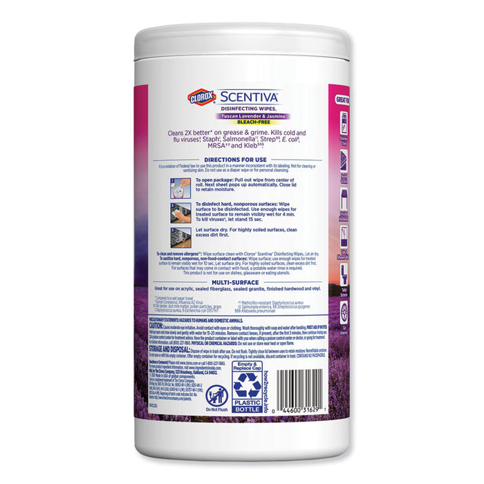 Scentiva Disinfecting Wipes, Tuscan Lavender and Jasmine, 7 x 8, 70/Can, 6/CT