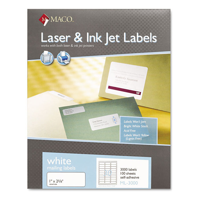 White Laser/Inkjet Shipping Address Labels, Inkjet/Laser Printers, 1 x 2.63, White, 30 Labels/Sheet, 100 Sheets/Box