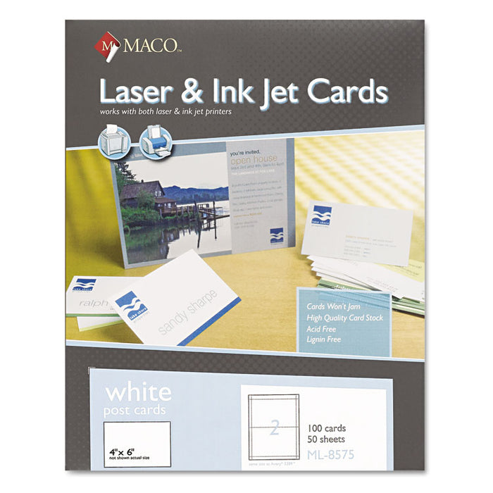 Unruled Microperforated Laser/Inkjet Post Cards, 4 x 6, White, 100 Cards, 2 Cards/Sheet, 50 Sheets/Box