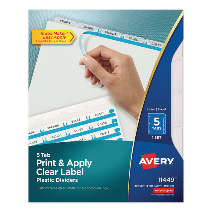 Print and Apply Index Maker Clear Label Plastic Dividers with Printable Label Strip, 5-Tab, 11 x 8.5, Translucent, 1 Set