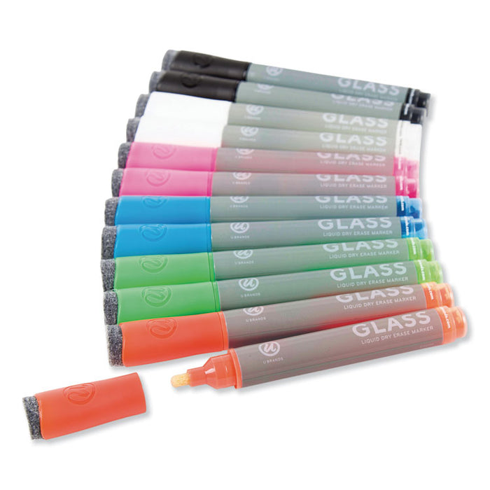 Bullet Tip Low-Odor Liquid Glass Markers with Erasers, Assorted Colors, 12/Pack