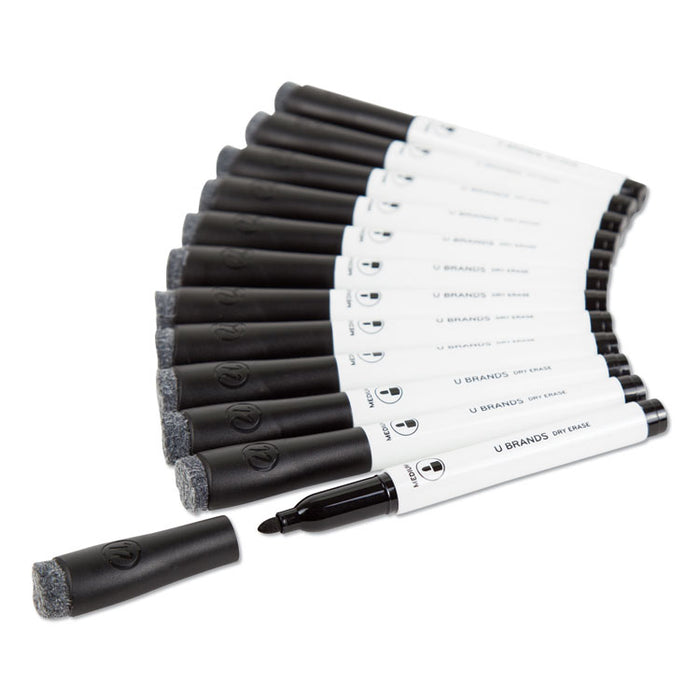 Medium Point Low-Odor Dry-Erase Markers with Erasers, Medium Bullet Tip, Black, Dozen
