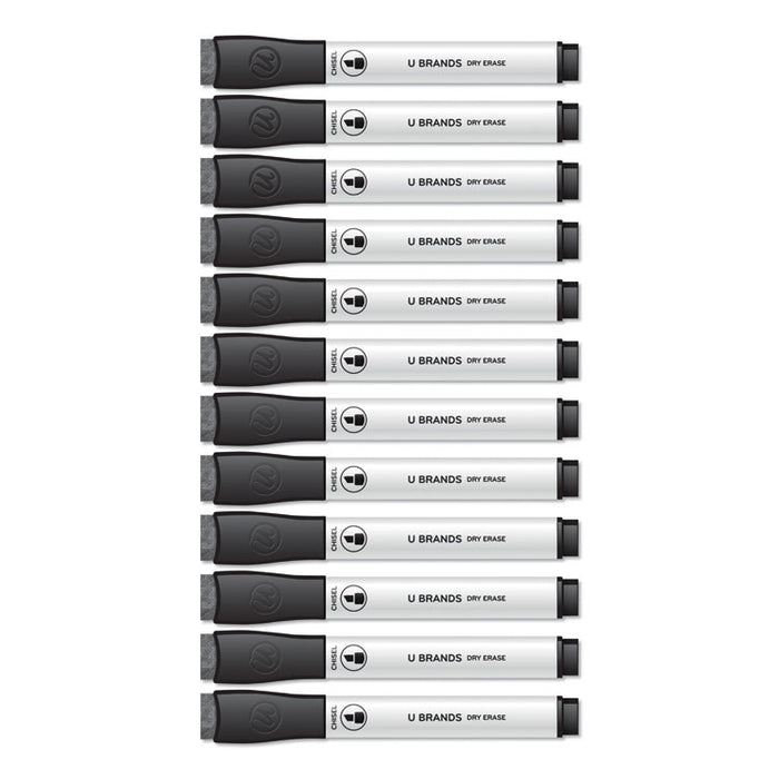 Chisel Tip Low-Odor Dry-Erase Markers with Erasers, Broad Chisel Tip, Black, Dozen