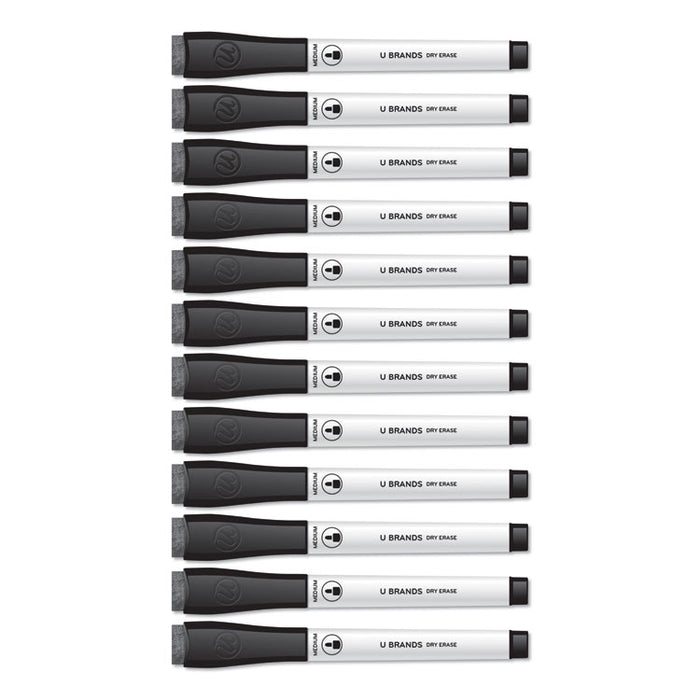 Medium Point Low-Odor Dry-Erase Markers with Erasers, Medium Bullet Tip, Black, Dozen