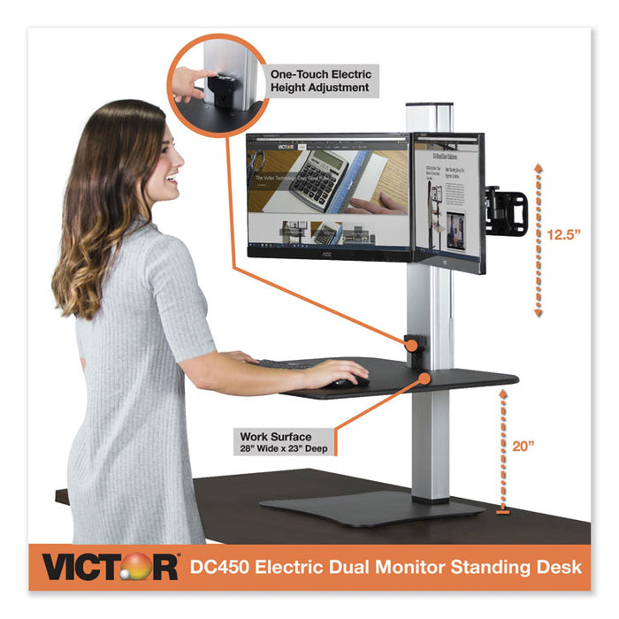 High Rise Electric Dual Monitor Standing Desk Workstation, 28" x 23" x 20.25", Black/Aluminum