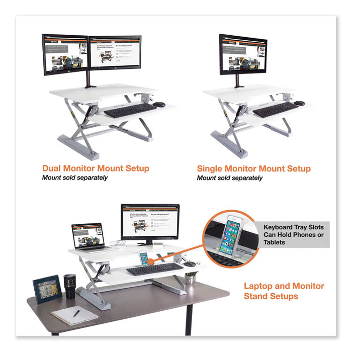High Rise Height Adjustable Standing Desk with Keyboard Tray, 31w x 31.25d x 21h, White/Gray