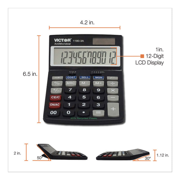 1180-3A Antimicrobial Desktop Calculator, 12-Digit LCD