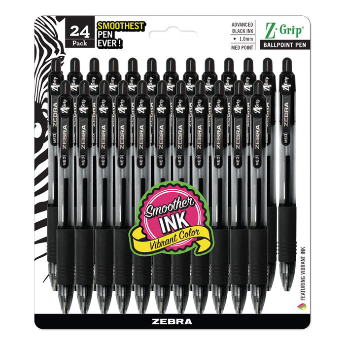 Z-Grip Retractable Ballpoint Pen, Medium 1mm, Black Ink, Clear Barrel, 24/Pack