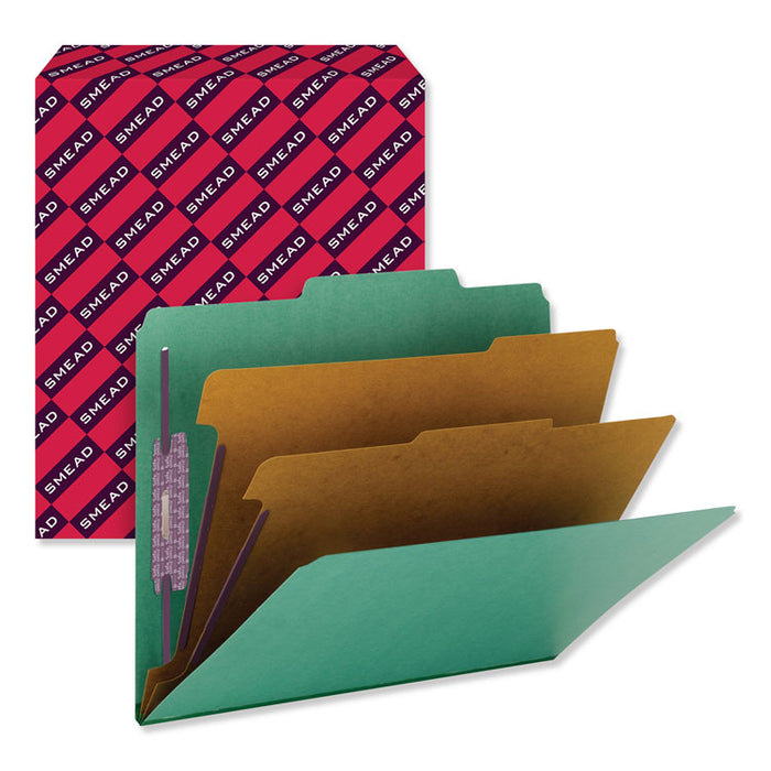 Six-Section Pressboard Top Tab Classification Folders with SafeSHIELD Fasteners, 2 Dividers, Letter Size, Green, 10/Box
