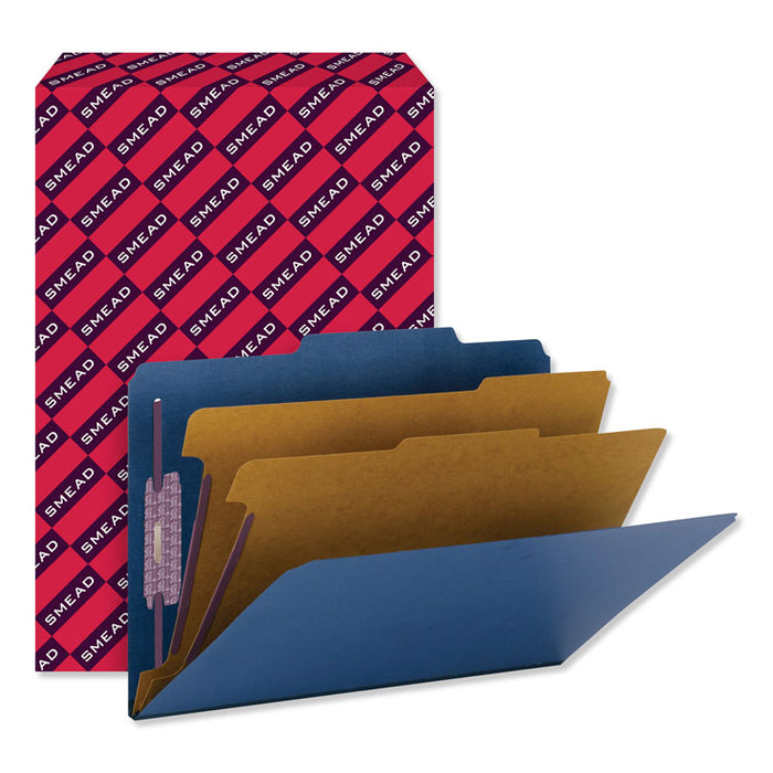 Six-Section Pressboard Top Tab Classification Folders with SafeSHIELD Fasteners, 2 Dividers, Legal Size, Dark Blue, 10/Box