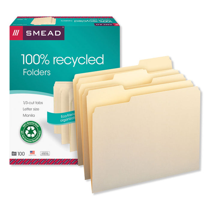 100% Recycled Manila Top Tab File Folders, 1/3-Cut Tabs, Letter Size, 100/Box