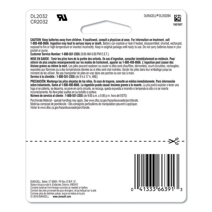 Lithium Coin Batteries With Bitterant, 2032, 4/Pack