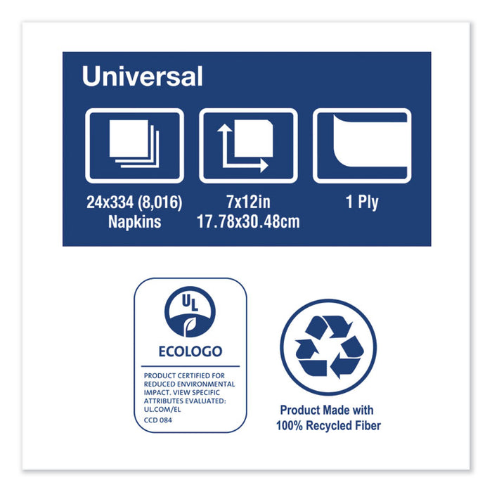 Universal Lowfold Dispenser Napkins, 1-Ply, 7" x 12", White, 334/PK, 24PK/CT